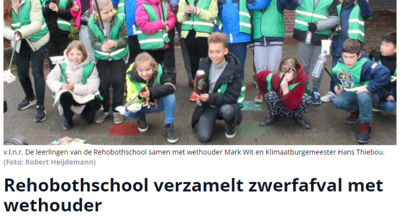 printscreen artikel rehobothschool verzamelt zwerfafval met wethouder